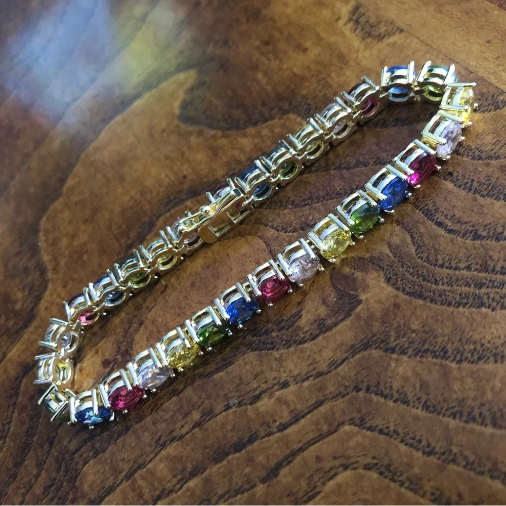 Ladies 18kt gold plated colorful 6mm faceted cubic zirconia tennis bracelet